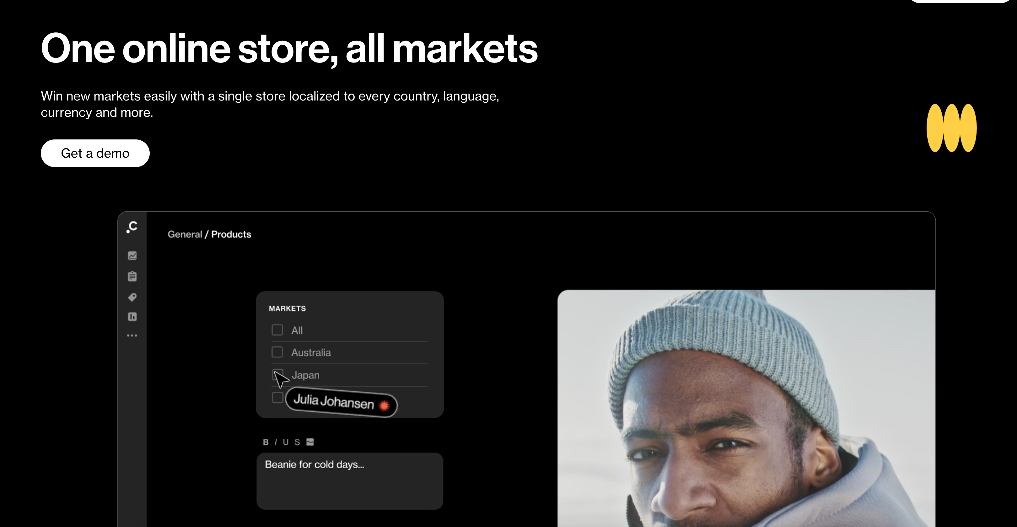 E-handel dashboard som viser flerspråklig og multi-market funksjonalitet